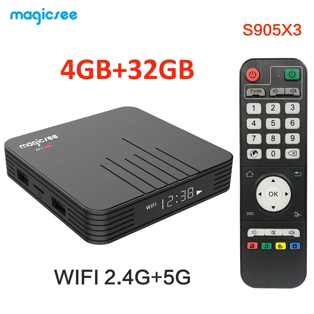 Magicsee N5 MAX Amlogic S905X3 четырехъядерный ARM Cortex A55 Android 9 0 4 ГБ 32 ГБ/64 Гб BT 100 м телеприставка