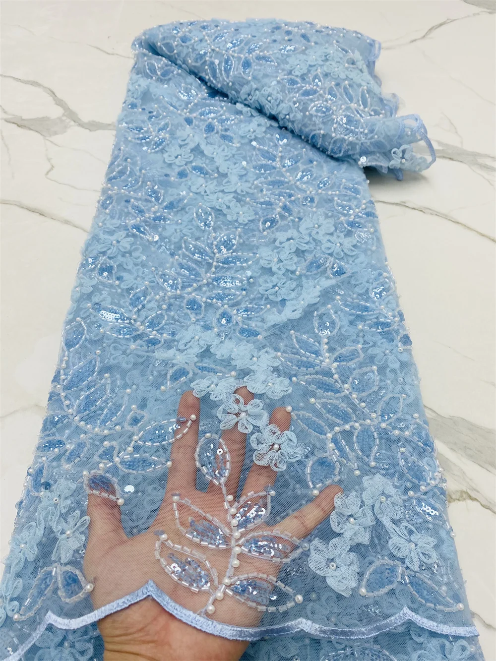 

Blue African Lace Fabric 2021 High Quality Handmade Beaded Lace Nigerian Tulle Lace Fabrics Sewing French Lace Fabric 4635B