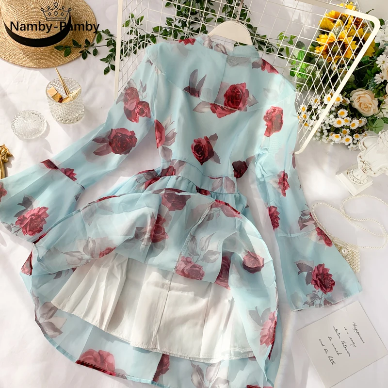 

Women's Summer New Dress Sweet Bow Lacing Ruffles V-neck Chiffon Dress Temperament Flare Sleeve Rose Print Short Dress ML868