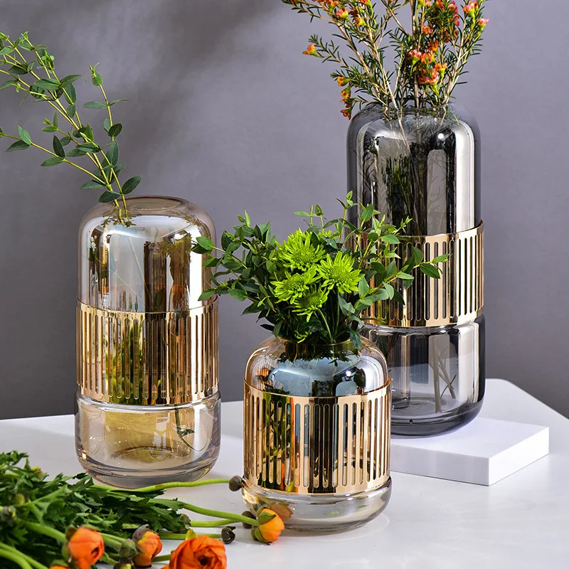 

Modern Nordic Glass Vases Light Luxury Golden Wrought Iron Style Living Room Office TV Cabinet Flower Arrangement Glass Vases