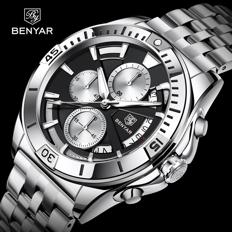 

BENYAR 2021 Luxury Sports Quartz Watches Stainless Steel Fashion Men Watch Top Brand Casual Men Chronograph Watch Reloj Hombre