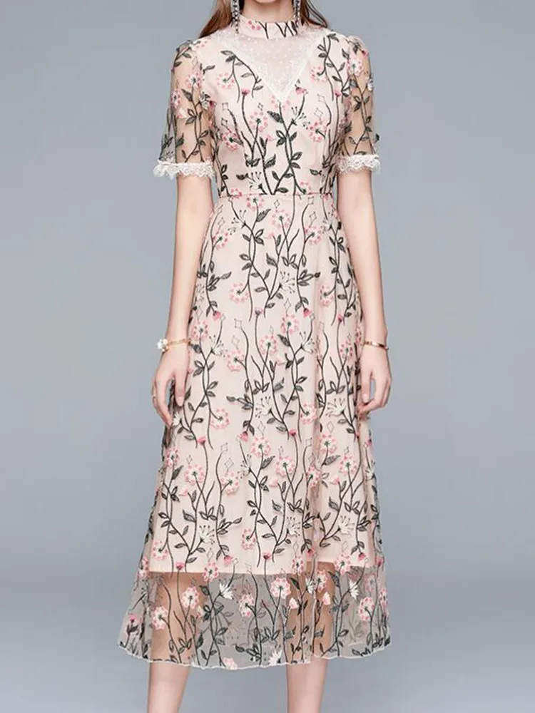 

ZAWFL Women Vintage Stand Collar Embroidery Lace Mesh Dress Female New Dress Lady Office Work Party Dresses