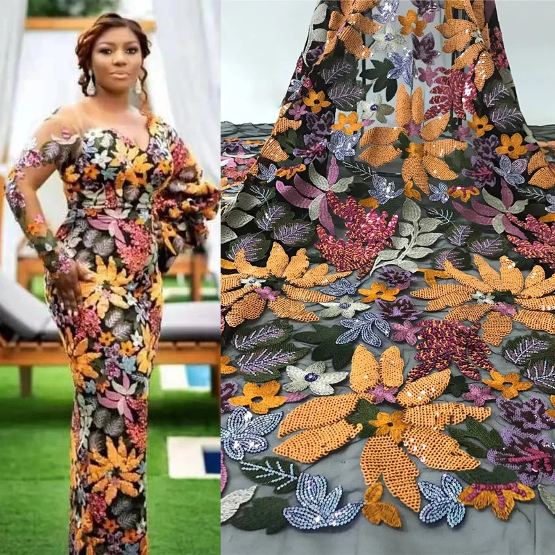 

New style sequin embroidered 3 + 5mm laminated sunflower full flower leaf embroidered garment fabric lace