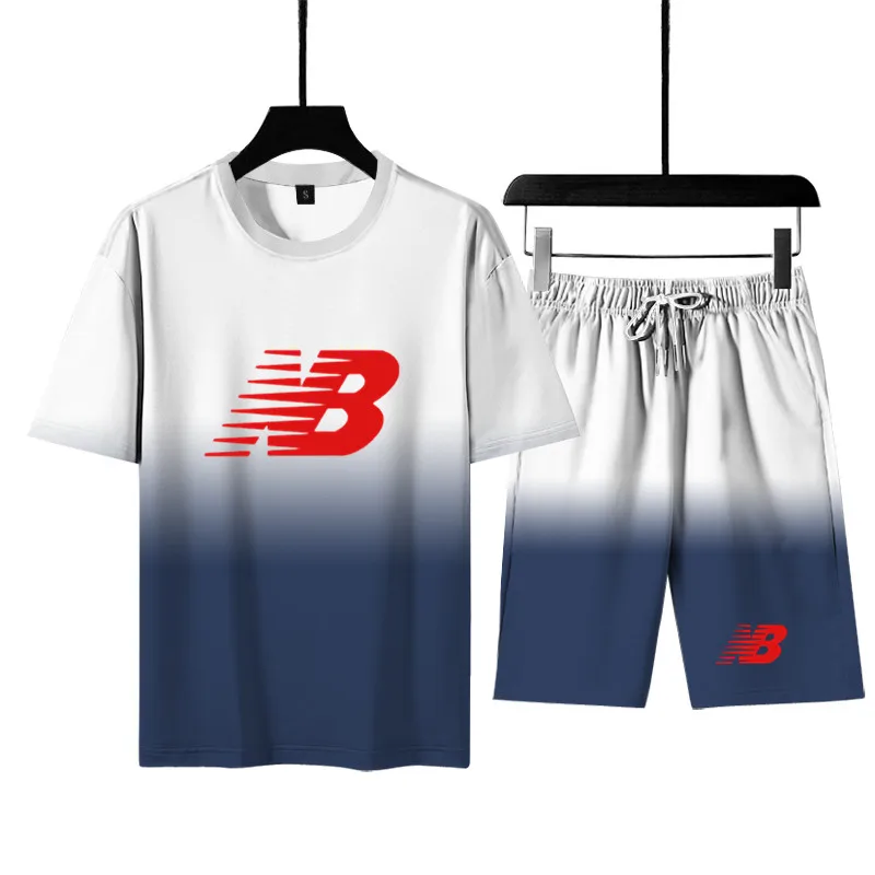 

Gradient 2021 popular men's color personalized running suit bright NB 3D digital printing summer two piece 3D printing