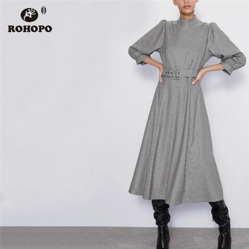 ROHOPO/платье миди в ломаную клетку воротник с лацканами застежка молния на спине