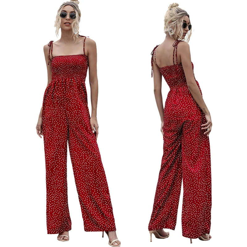 

2020 Summer Sling Jumpsuit Women Polka Dot High Waist Rompers Boho Strap Top Wide Leg Long Pant Female Clothes Ladies
