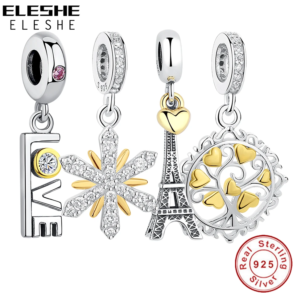 ELESHE, 925 пробы, Серебряный кулон с Эйфелевой башней, шарм, Золотое сердце, бисер, подходит для оригинала Pandora, браслет, ожерелье, сделай сам, ювелирное изделие