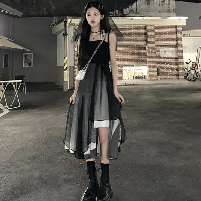 

Gothic Midi Dress Women Lace Black Irregular Y2k Dress Korea Streetwear 2021 Square Collar Spaghetti Strap Party One Piece Dress