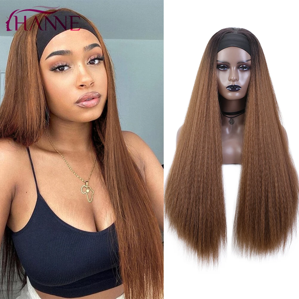 

HANNE Yaki Headband Synthetic Wig Long Straight Brown/Black Hair Kinky Glueless Scarf Wig Daily/Cosplay For Black Women/Men