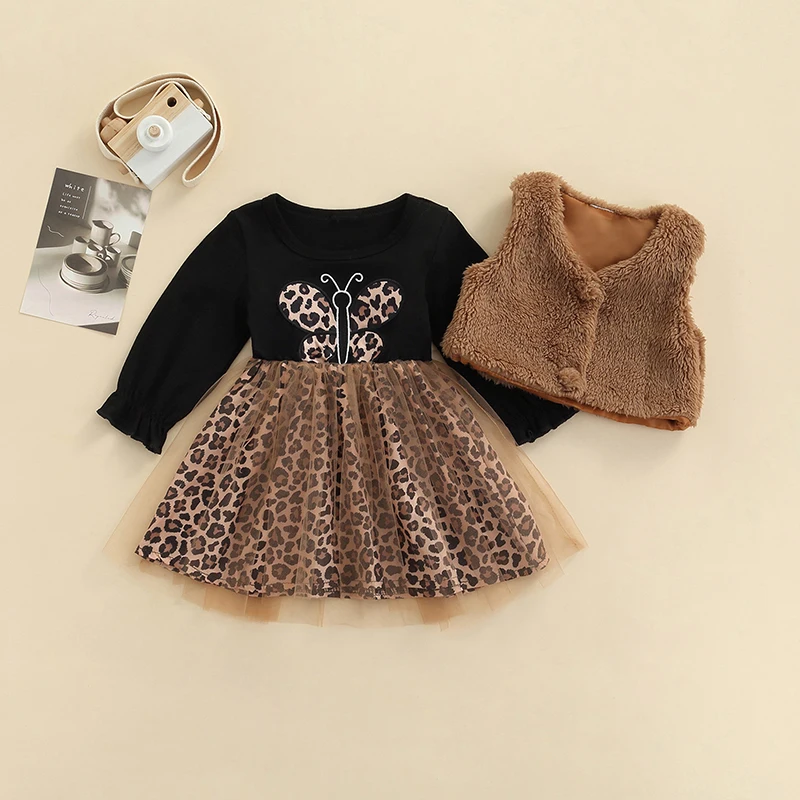 

Наряды для маленьких девочек, модные платья с длинным рукавом, Тюлевое платье с рисунком леопардовой бабочки, комплект жилетов из искусстве...