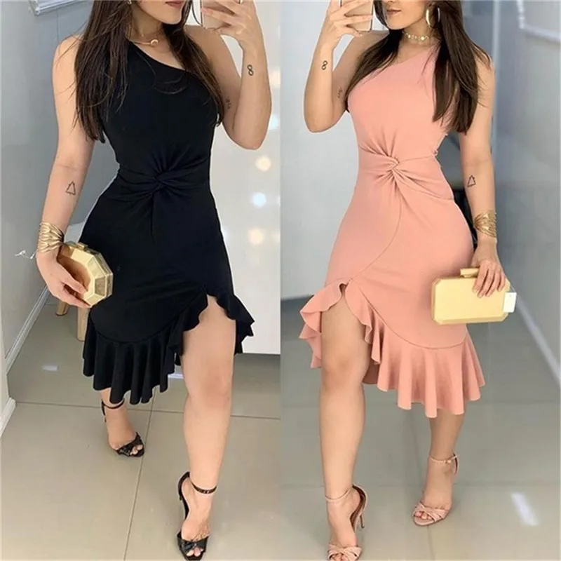 

Thorn Tree 2020 New Women Girl One Shoulder Asymmetric Hem Dress Office Lady Irregular Ruffled Mini Dress Vestidos Evening Party