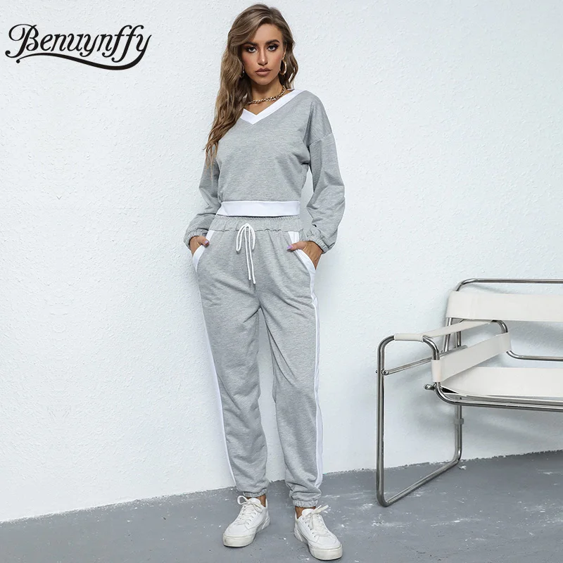 

Benuynffy Sportwear Casual Women Two Piece Set Contrast V-neck Crop Top Sweatshirs Pants Sets Spring and Autumn Lady Tracksuits