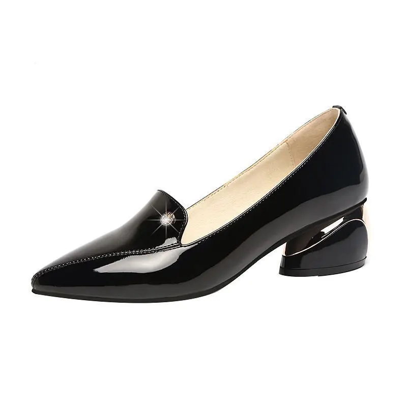 

Plus Size Office Lady Shoes Black Patent Leather Dress Shoes Pointed Toe Boat Shoes Med Heels Pumps zapatos mujer xc22