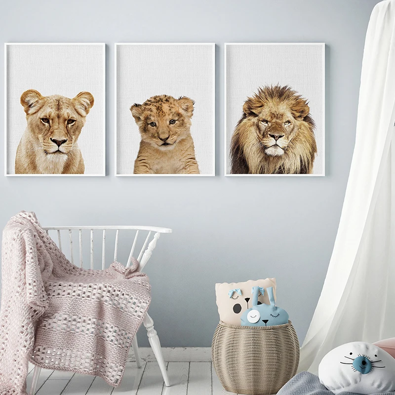 Скандинавское сафари животные искусство на стену Лев семья холст живопись