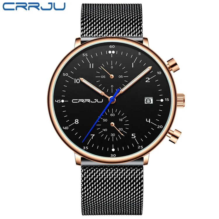 rose black Relogio masculino CRRJU лучший бренд класса люкс мужские наручные часы из нержавеющей стали мужские водонепроницаемые кварцевые часы с календарем и хронографом - Цвет: rose black