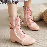 agodor women low heel ankle boots lolita shoes cosplay lace up combat boots cute women winter boots shoes with bow flats booties
