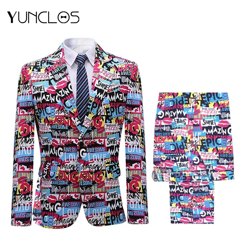 YUNCLOS мужской модный цветочный принт комплект из 2 предметов повседневные Костюмы