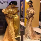 Aso Ebi Африканское кружевное вечернее платье Русалка с открытыми плечами в нигерийском стиле платья для выпускного вечера блестящее Золотое официальное платье с блестками