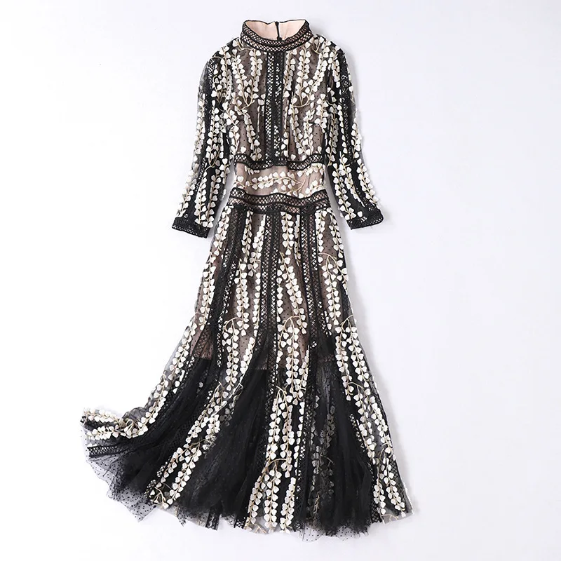 Женское Сетчатое платье с круглым вырезом семиконечным рукавом и прострочкой