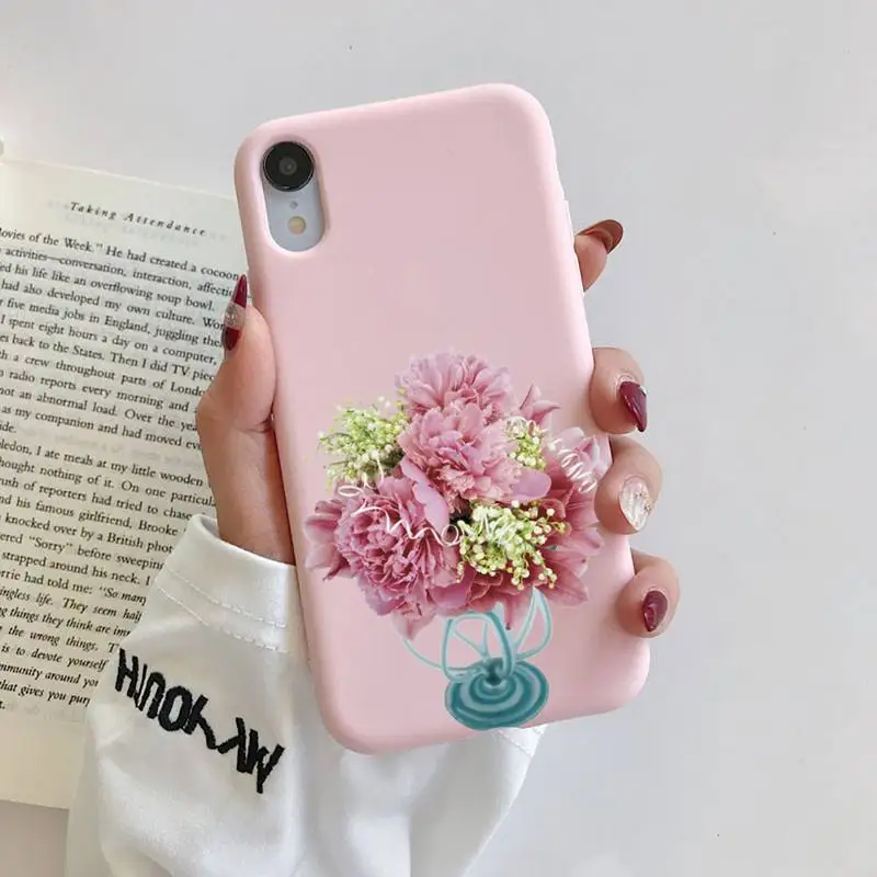 

Pink Flower Peony On The Vase Phone Case For iphone 11 Pro Max X XS Max XR Solid Candy Color Shell For iPhone 7 8 6 6S Plus