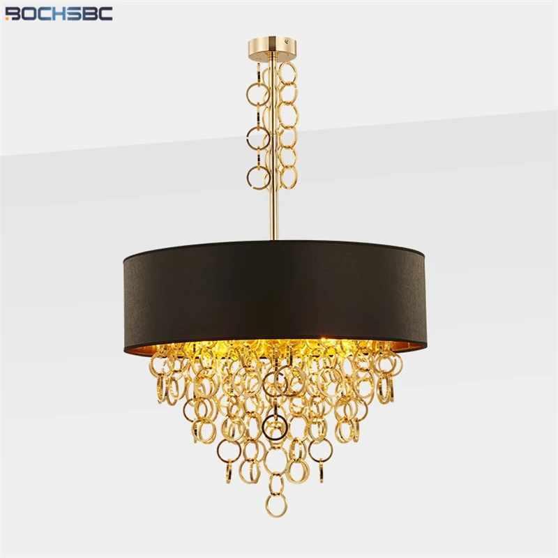 

BOCHSBC Nordic Modern Pendant Lamp Hanging LED Light Fixture Gold Frame Black Lampshade Flying Rings Chandeliers Dinning Room