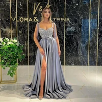 straps gray prom dress split a line robes de cocktail beads crystal formal reception party gowns custom size