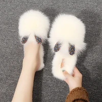 winter womens home furry slippers hairy cozy memory foam warm shoes plush designer house cotton slippers with ears rhinestone