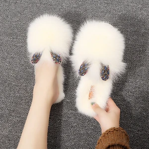 Winter Womens Home Furry Slippers Hairy Cozy Memory Foam Warm Shoes Plush Designer House Cotton Slippers With Ears Rhinestone