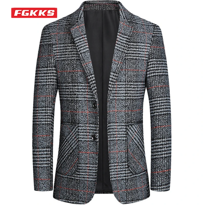 FGKKS Spring Autumn Brand Blazers Men Slim Fit Suit Lattice Pattern Korean Version Fashion Business Casual Blazers Male Tops