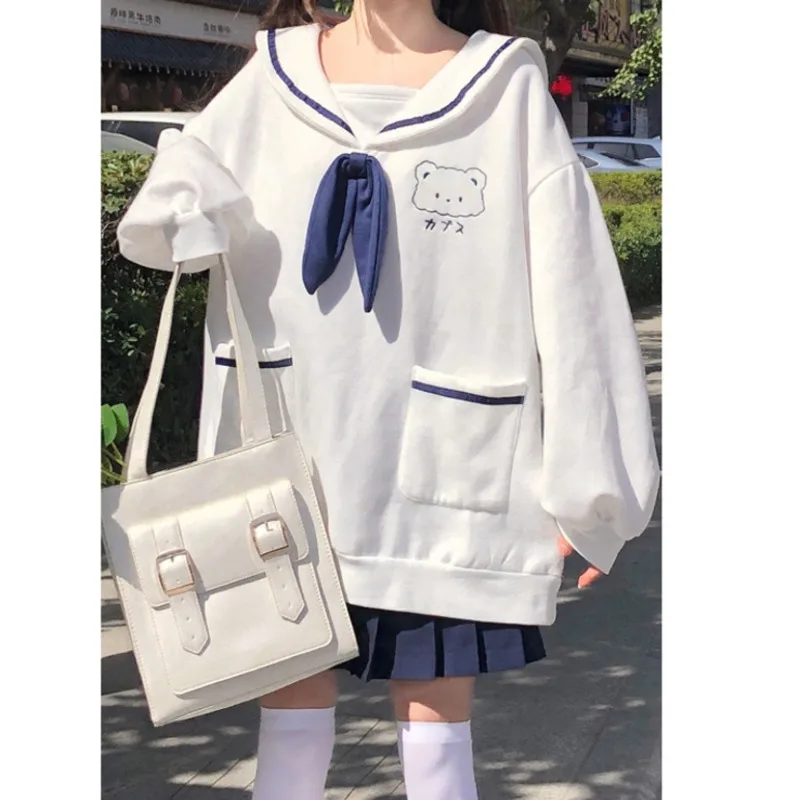 

Navy Collar Cute Little Bear Spring Autumn Long Sleeve Pullover Sweatshirt Women's Medium Length Long Sleeve Cute Pullover Coat