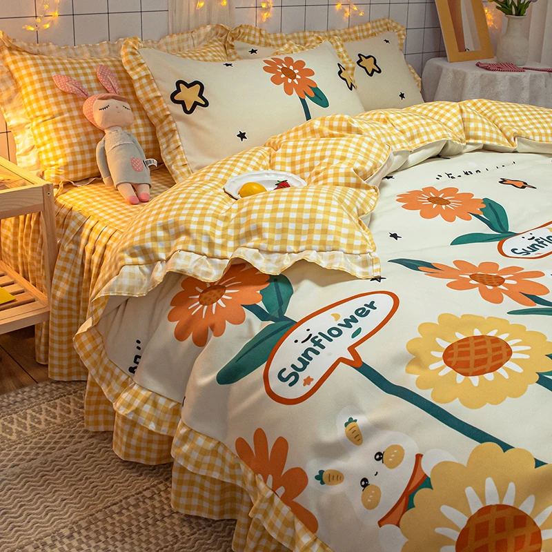 

Korean yellow bedclothes luxury duvet cover Romantic Lace Girls Princess quilts Cover queen full single sunflower Bedding Sets