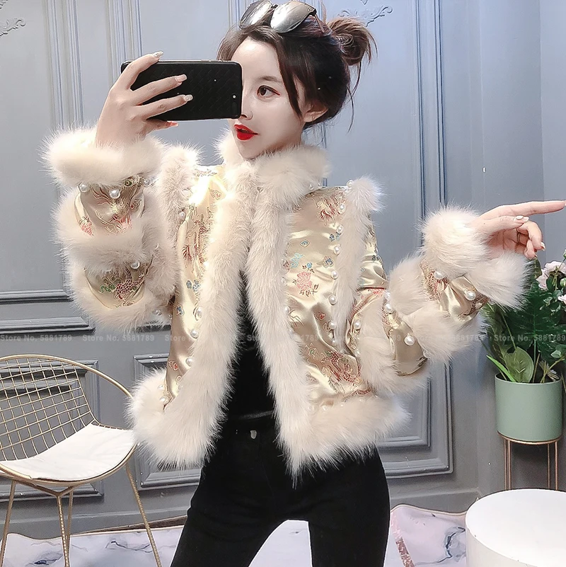 

Winter Women French Elegant Fur Qipao Coat Fashion Retro Korean Chinese Style Cardigan Jackets Lady Slim Vintage Outerwear Coats