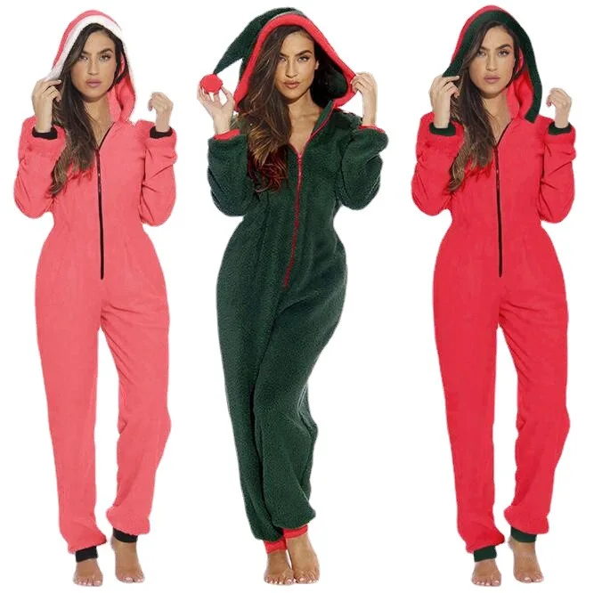 Autumn and Winter Women's Home Clothes Christmas Clown Hat Plush Zipper Jumpsuit Onesie Pajama for Women