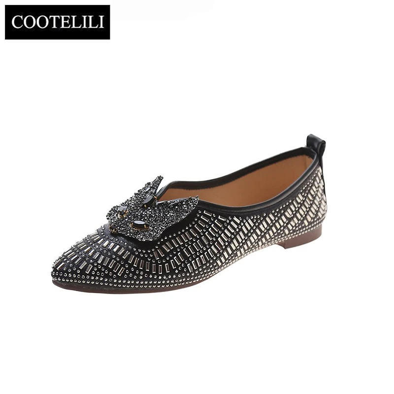 

LIBIELIy Nice Pop Fashion Flats Women Shoes For Woman Pointed Toe 1.5cm Heel Flats Diamond Decoration Fox Pattern Gold 35-40