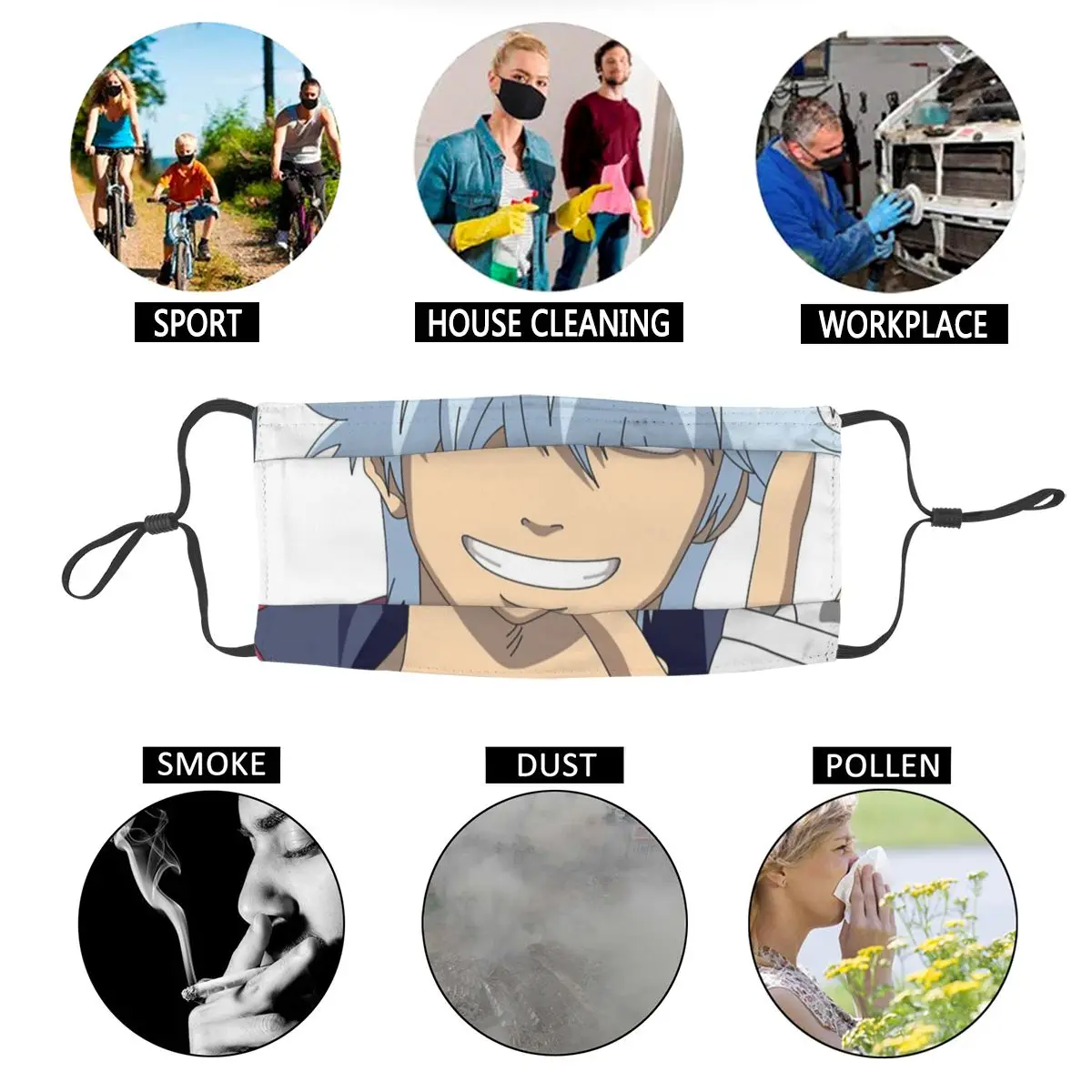 

Gintama Sakata Gintoki Non-Disposable Face Mask Anime Japan Anti Haze Anti Dust Protection Cover Respirator Mouth Muffle