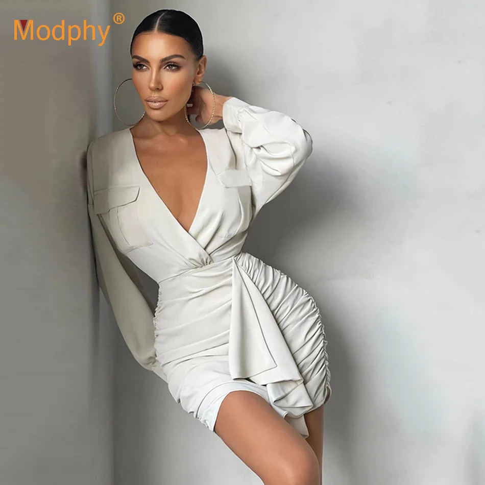 

2021 Fall Sexy V Neck Hollow Out Solid Pleated Long Sleeve Women Dress Robe Femme Casual Bodycon Club Mini Party Vestidos BH7216