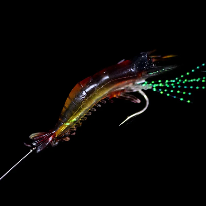 30 шт./лот Ночные светящиеся искусственные креветки приманки 9 см 6 гр мягкие приманки с длинным стальным проволочным бочковым вращающимся соединением J030.