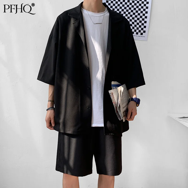 

PFHQ Korean Style Men Set Suit Jacket Shorts Solid Thin Short Sleeve Single Pocket Knee-Length Autumn Oversized Clothing 21D1149