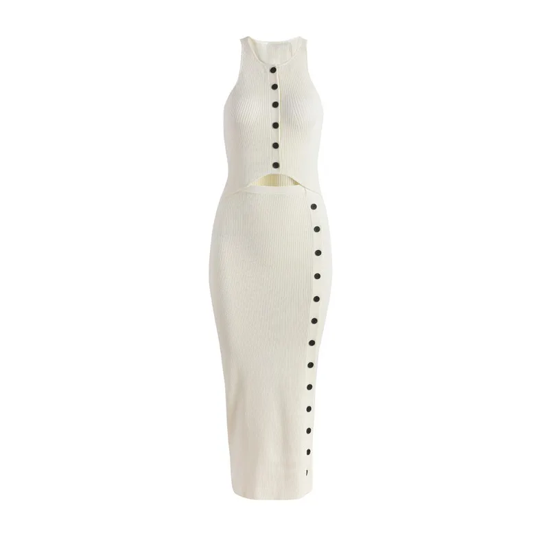 

Sexy Knitted Dress Women Single Breasted Sleeveless Cutout Midi Split Dress Brand Designer HIp Pack Summer Thin Bodycon Dress
