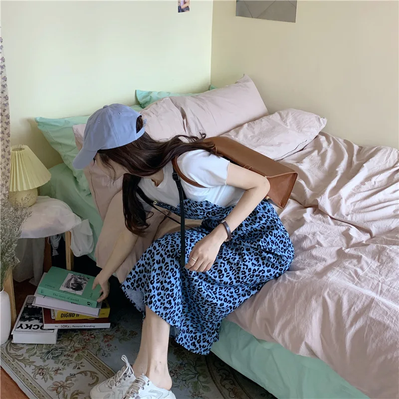 

Leopard print sling dress retro belt summer straight dress street style slim over-the-knee long skirt women