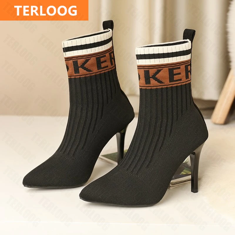 Women Super High Heels Shoes 2021 New Autumn Sexy Dress Fashion Socks Boots Slip-on Designer Knitting Ankle Chunky Pumps | Обувь
