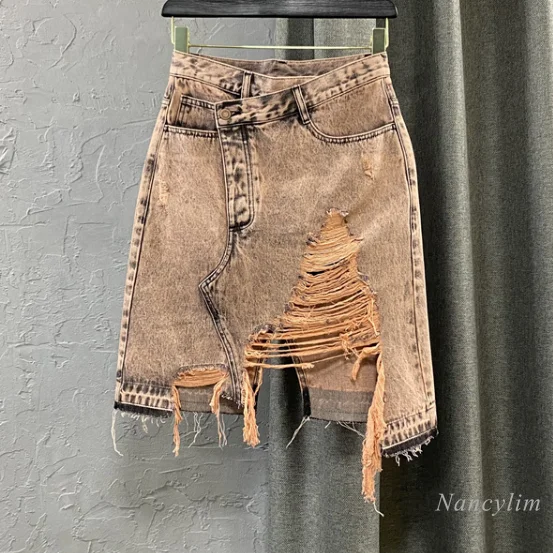 

Ripped Tassel Denim Skirt Women 2021 Summer New High Waist Mid-Length Orange Pink Jeans Skirts Jupe Harajuku Style