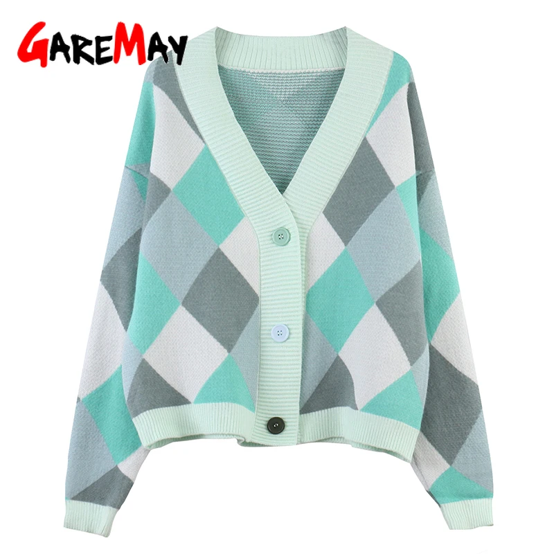 Зимний вязаный женский кардиган Осенний Зеленый Клетчатый свитер с v-образным
