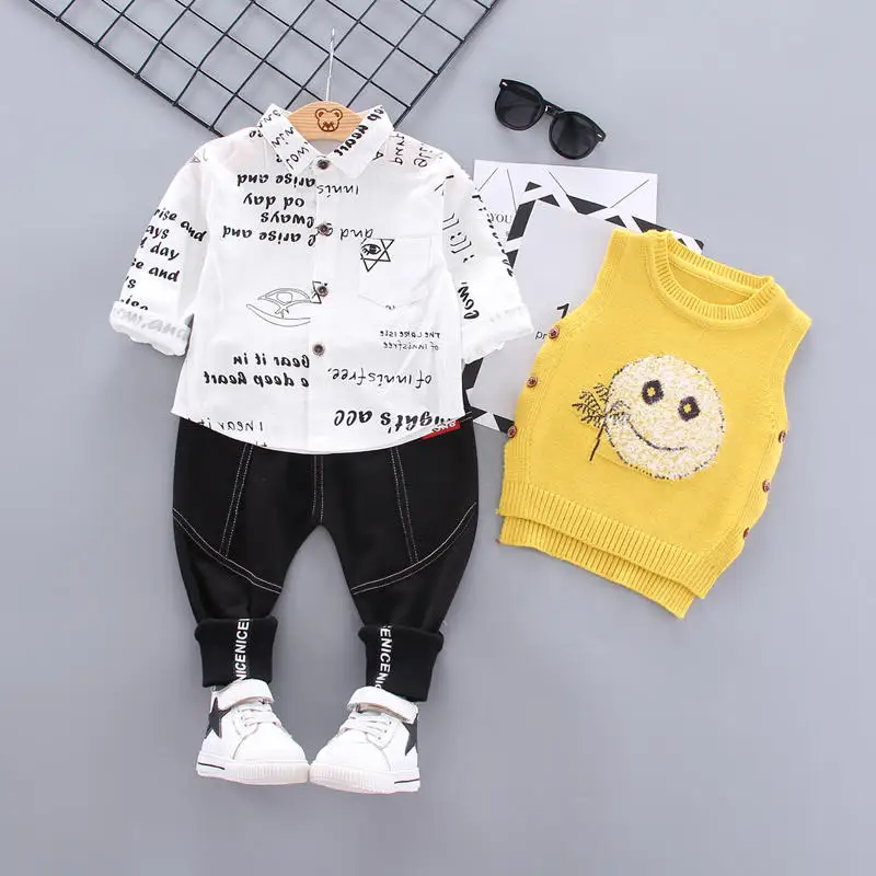 

Spring Children Fashion Clothes Kids Boys Girls Lattice Letter Sweater Vest Lapel Shirt Jeans Pants 3pcs/sets Infant Tracksuits
