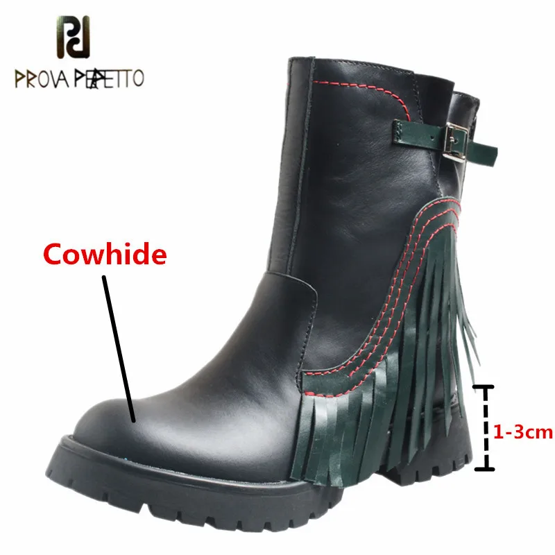 

Prova Perfetto 2021 Genuine Leather Fashion Frige Women Mid-calf Boots Mixed Colors Round Toe Zipper-Sid Wearproof Casual Shoes