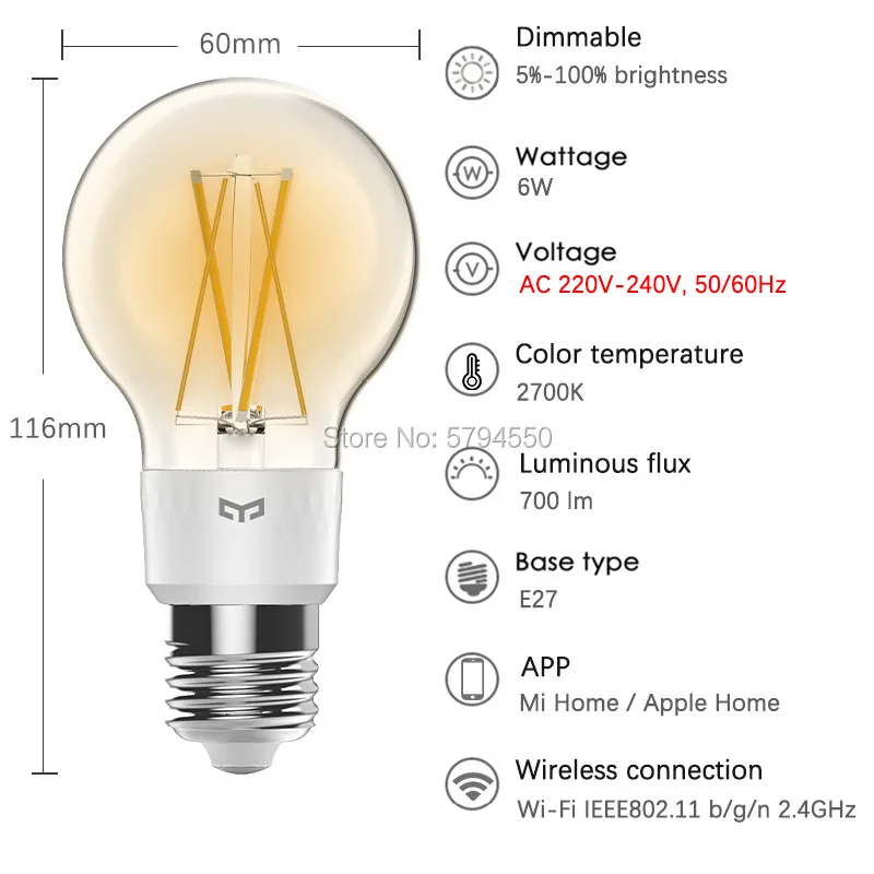 Умсветодиодный Светодиодная лампа накаливания Yeelight E27 220 В 6 Вт 2700 к Wi-Fi |