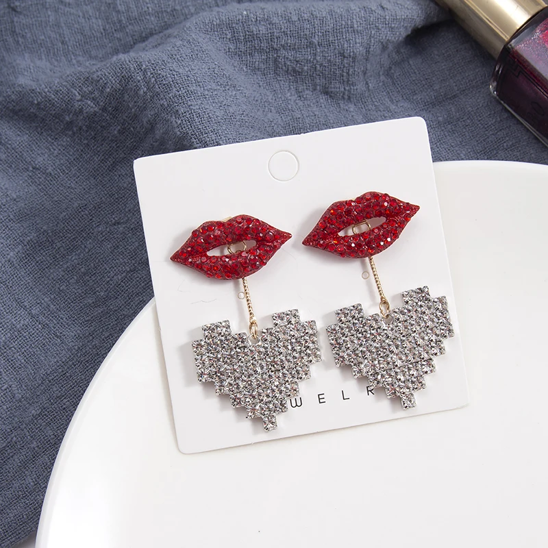Модные блестящие Висячие серьги Стразы с красным горлом в форме сердца для