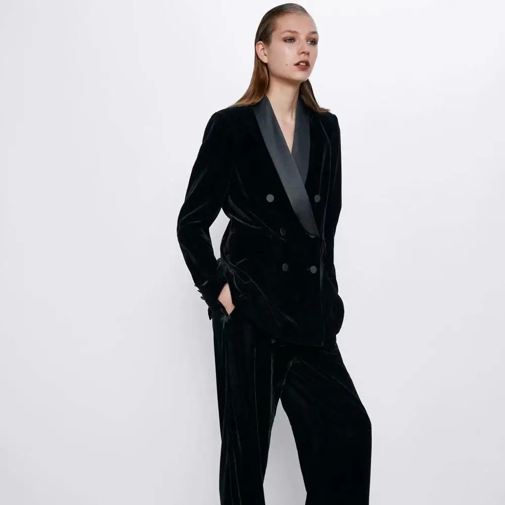 Женский костюм с v-образным вырезом ZA элегантный двубортный ожерельем и длинными