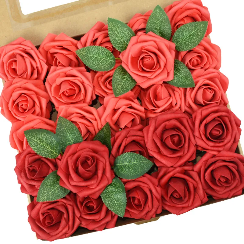 

25Pcs/box Artificial Foam Rose Flowers with Leaves Wedding Bridal Bouquets Party Home Garden Decoration Fake Flower DIY Crafts
