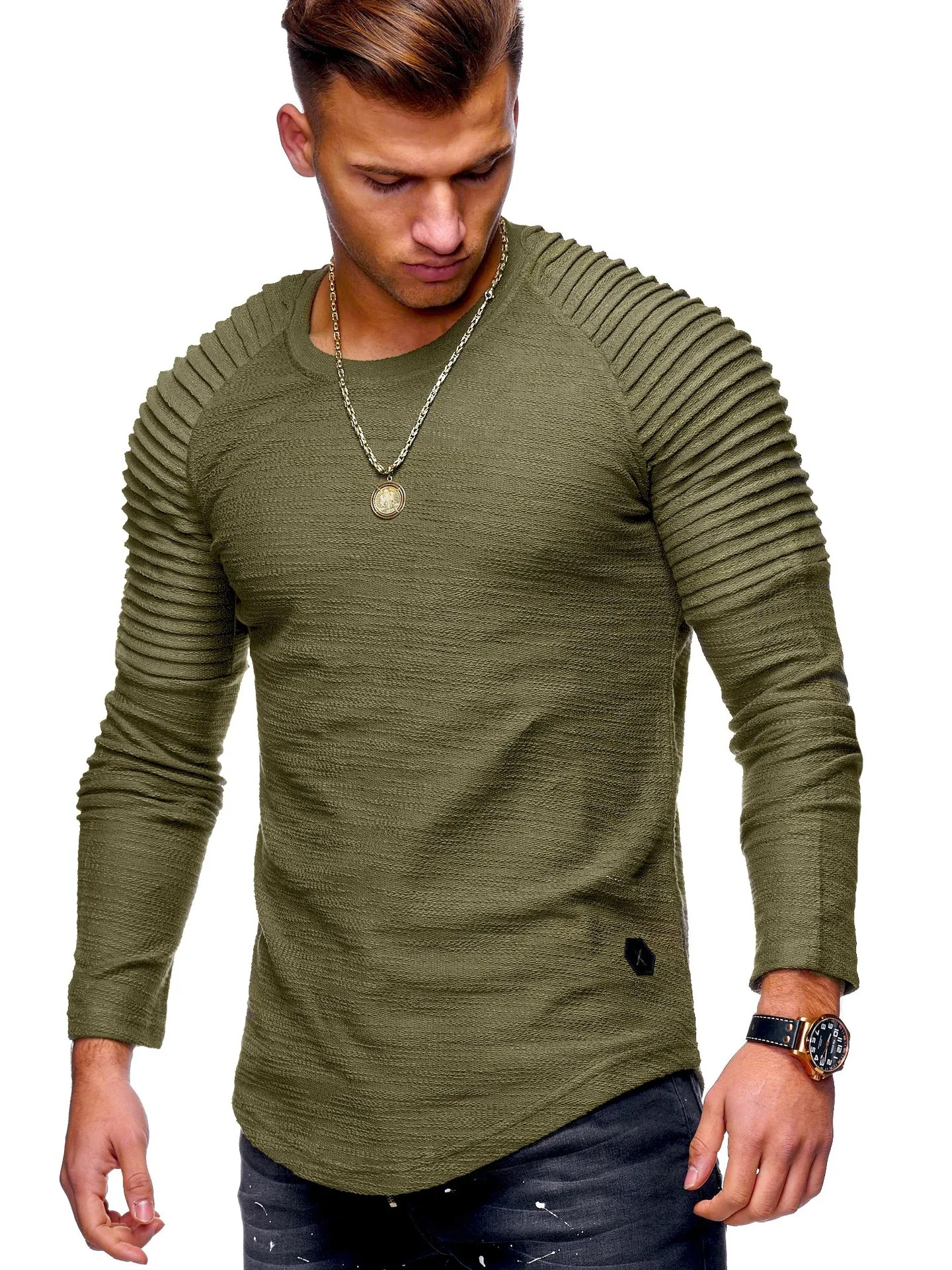 

2021 new spring and autumn European and American men's striped folds Slim casual solid color sports long-sleeved T-sleeves
